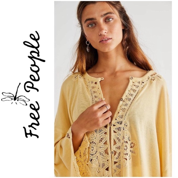 NEW FREE PEOPLE "Lydia" Lemon Tart Battenburg Lace Oversized Button Front Blouse - Picture 11 of 13